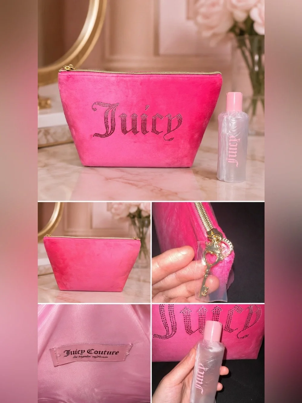 Juicy Couture Hot Pink Velour Rhinestone Makeup Bag + Travel Bottle